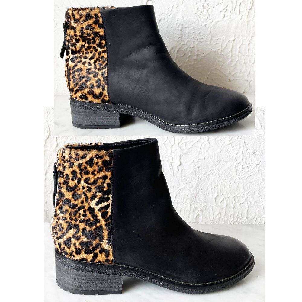 Sperry Ankle Boots Women's 7 Black Leather Leopard Print Back Zip Chelsea